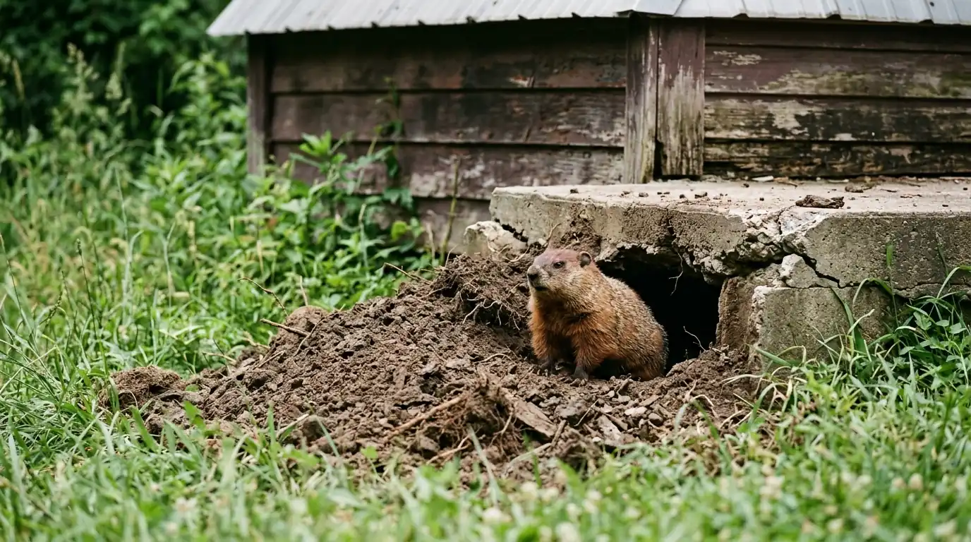 A groundhog at a burrow under the slab corner of a shed