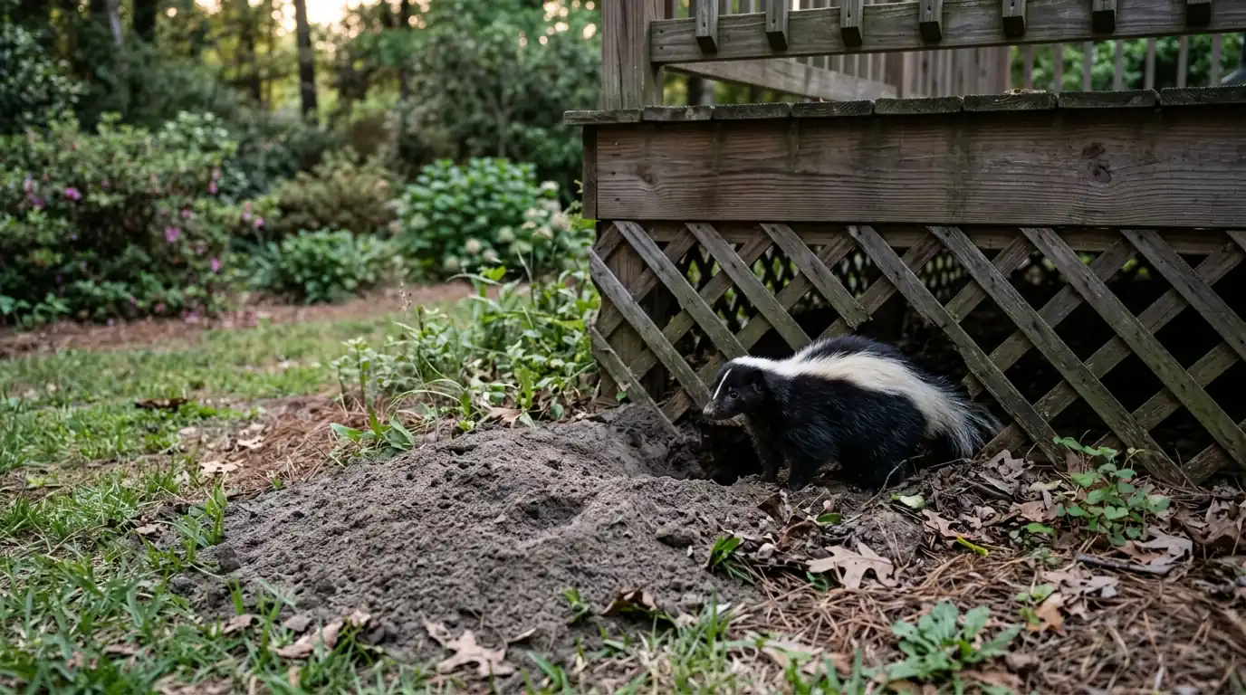 A striped skunk beside a hole dug under deck lattice